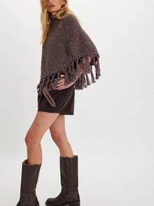 Women Tassel Poncho Sweater Y2K Knitted Pullover Poncho Shawl Lightweight Fringe Wrap Cardigan Knitwear Cape - 棕色 - 查看 2