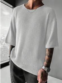 Camiseta de punto de manga corta de corte holgado y cuello redondo de unicolor para hombres de talla grande - Blanco - Ver 4