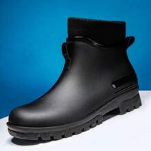 时尚固定式毛绒雨靴，男士低筒短筒雨靴，保暖防水防滑厚底耐穿鞋，适合学生、厨房、涉水、男女情侣穿着 - 黑色 - 查看 6