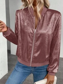 Keke Bloomly 女士新款轻薄长袖拉链休闲外套，闪亮金属面料，时尚百搭，适合工作、旅行和日常穿着。 - 淺灰紫 - 查看 7