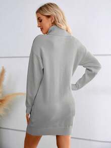 Women Turtleneck Sweater Dress Oversized Long Sleeve Knit Pullover Fall Short Dresses Fashion - 玫紅色 - 查看 7