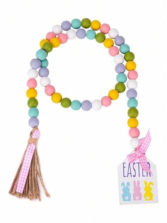Guirnalda de cuentas de madera de Pascua, guirnalda de cuentas de madera de primavera con borlas, decoración bohemia rústica de Pascua de cuentas de madera para el hogar, la habitación, la pared, la bandeja escalonada, el estante, el conejito de Pascua, las decoraciones de Pascua