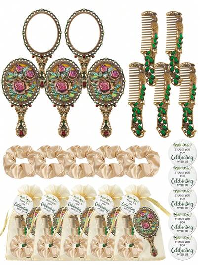 Brodark Zestaw 1/5 zestawów, kryształowy grzebień z lusterkiem i gumką do włosów w stylu vintage z różą, zawiera kartkę z podziękowaniami i woreczek ze ściągaczem, akcesoria ślubne, odpowiednie dla druhen i pań, na wieczór panieński, wieczór panieński, urodziny, prezent na rozpoczęcie roku szkolnego, codzienne spotkania
