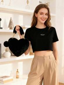 This New Winter Versatile Heart-Shaped Plush Bag Accessory Has Two Fluffy Pom-Poms And Comes With A Detachable 110cm/43-Inch Metal Chain. This Women's Autumn/Winter Handbag/Crossbody Bag With A Soft Plush Handle Makes A Perfect Gift For Friends Or Loved Ones. , Valentine's Day - Multicolor - View 8