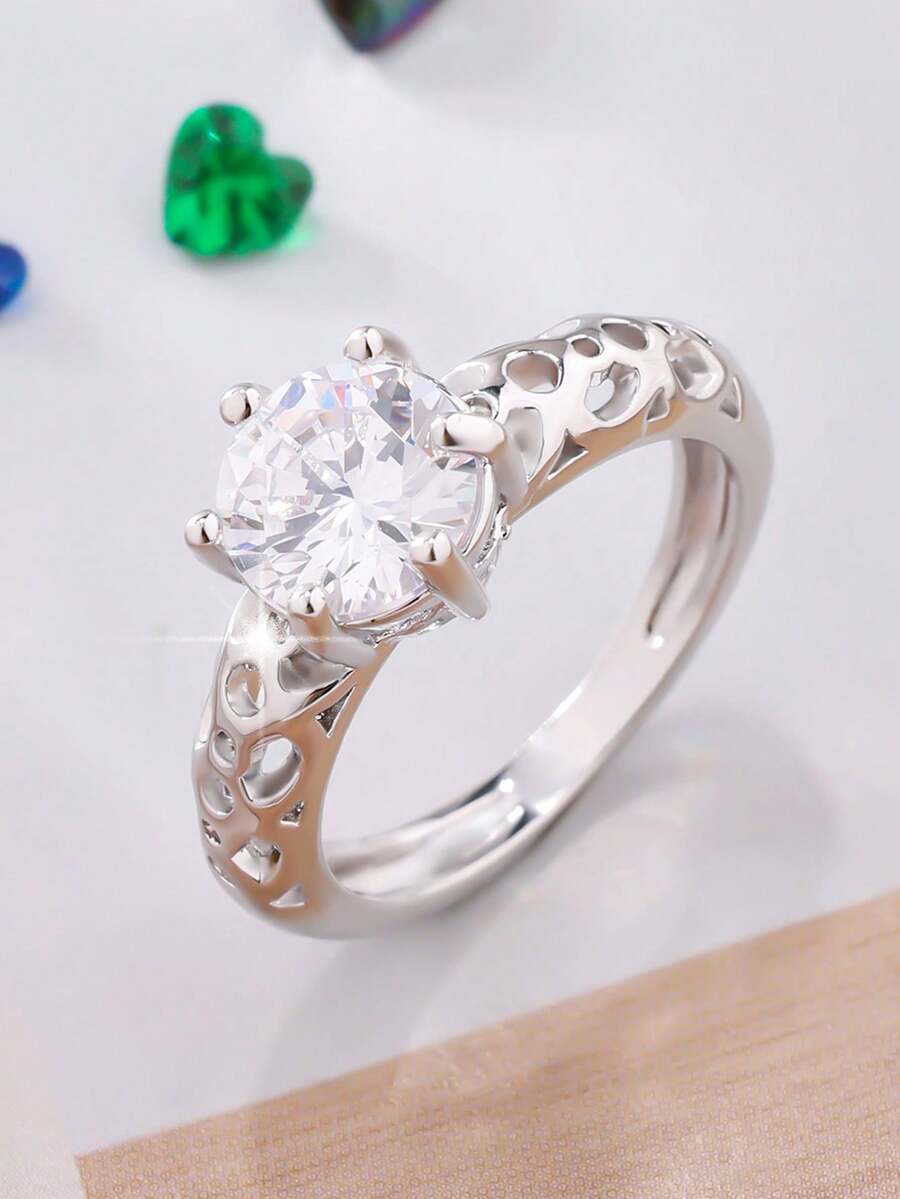 1pc Fashionable & Elegant Sparkling Cubic Zirconia Round Bridal Wedding Ring, Hollow Design, Suitable For Weddings And Other Important Occasions, Birthday & Holiday Jewelry Gift For Women - White - View 1