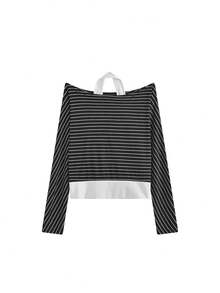 秋季韩版优雅条纹露肩宽松露肩长袖T恤打底衫（条纹图案随机） - 黑白條紋 - 查看 6