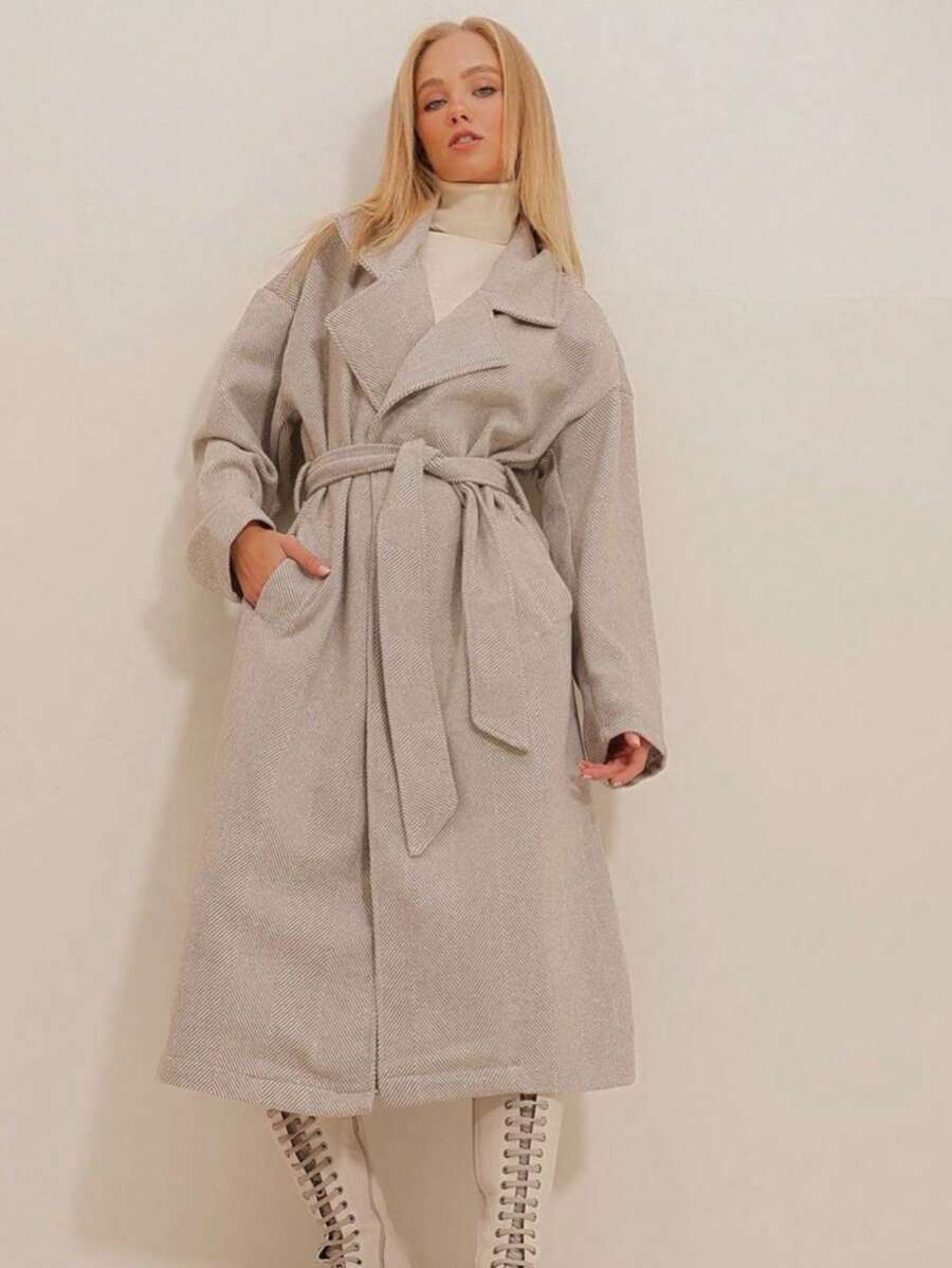 Elegant Women's Midi Overcoat With Lapel Collar Long Raglan Sleeves And Belted Knot Detail Casual Medium Stretch Fabric Regular Fit With Pockets - Light Grey - View 1