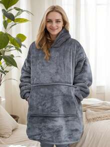 1pc Flannel Blanket With Sleeves, Winter Hooded Sweatshirt Robe, Giant Wearable Blanket For Adults With Extra Large Pockets On Left, Right And Top Sides, Suitable For Small Pets - Dark Grey - View 7