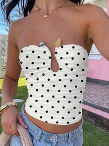 Top court à épaules dénudées à pois pour femmes, en tissu maille froncé, ourlet moulant sans manches, mode d'été - Noir et Blanc - Voir 4