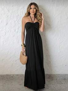 Women's Long Fluid Strapless Dress With Tie - Black - View 1