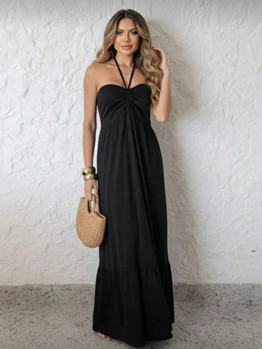 Women's Long Fluid Strapless Dress With Tie - Black - View 1