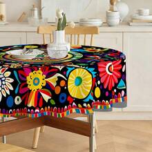 1pc Bohemian Colorful Floral Round Tablecloth, Art Style Dining Table Decor Cloth, Polyester Round Tablecloth. Suitable For Home Living Room, Dining Room, Kitchen, Party And Patio, Indoor And Outdoor Use, Easy To Wash And Clean. - Multicolor - View 4