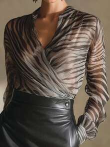 Elegant And Fashionable Women's Long-Sleeve Chiffon Top, Featuring A Sheer Zebra Print And A Crossover Hem Design-Perfect For Gatherings, Dates, And Spring/Summer Wear. Vacation - Multicolor - View 1