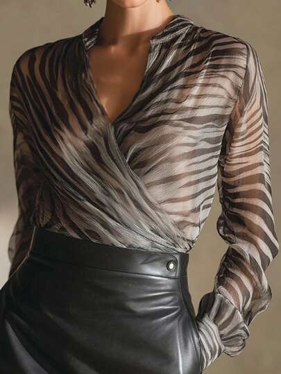 Elegant, Casual, Fashionable, Flowing Zebra Print Long Sleeve V-Neck Women Blouse