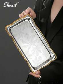 shoxil 1pc Two Tone Gold Trim Serving Platters With Tropical Leaf Pattern, Multi Shape Stainless Steel Trays, Elegant Tableware For Catering Buffet Tea Party Snack Service And Holiday Events - Tray - View 7
