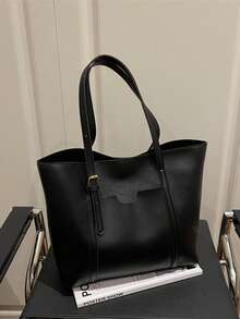 Bolso de hombro de color contrastante de moda, bolso de tela versátil y vintage para ir al trabajo - Negro - Ver 11