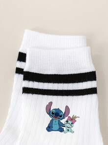 Disney 1/5/10双装，史迪奇天使图案儿童短袜，“星际宝贝”卡通图案，黑色双条纹白色中筒袜，女童短袜，男童短袜，柔软舒适透气踝袜，防滑船袜，酷炫卡通图案踝袜，可爱休闲风，日常穿着/派对礼物/复活节/夏季，多色袜子 - 彩色 - 查看 11