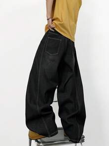 1件日式拼接男士喇叭牛仔裤，舒适休闲阔腿宽松牛仔裤（不含腰带和配饰） - 黑色 - 查看 6