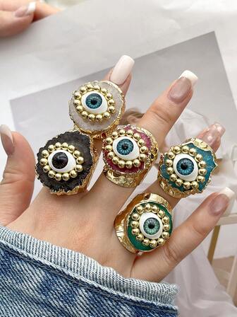 1枚波西米亚风创意时尚精致优雅华丽铜珠不规则天然石开口戒指，适合女性、姐妹、情侣佩戴，是情人节、日常约会、婚礼、派对、节日、送礼和度假佩戴的理想选择。（由于产品材质的独特性，天然石的尺寸和形状各不相同；没有固定尺寸）