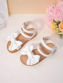 1 Pair Of Girls' White Big Bow Sandals Made Of Faux Leather Material, With Exposed Toes, A Middle Top, Hook And Loop, Flat Heels, Sweet Princess Style, Roman Sandals, Birthday Party Performance, Daily Shoes - White - View 8