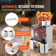 Exprimidor de naranjas comercial , extractor de jugo automático de 120 W, extractor de jugo de acero inoxidable para 25 naranjas por minuto, con caja de filtro extraíble, cubierta de PC, 2 cubos recolectores de cáscara - 25 naranjas - Ver 4