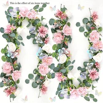 1pc Artificial Eucalyptus Garland With Butterfly, Peony, Rose Flowers, Suitable For Wedding Party Decoration, Garden Lawn, Home Decor, Hanging, Fireplace, Tabletop, Wall, Outdoor, Spring/Summer