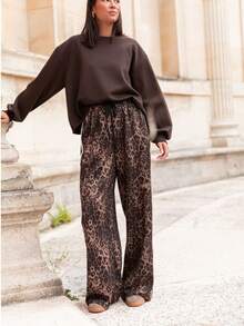1 pezzo Pantaloni casual larghi con stampa leopardata in poliestere, vita con coulisse e tasche, taglie comode, adatti per appuntamenti serali, vacanze, scuola, vacanze, casa, feste singole, festival di musica country, aeroporto, sport e fitness, primavera/estate/autunno, pantaloni marroni dritti e larghi, stile casual sportivo americano, stile europeo, stile semplice da strada, stile college, Ringraziamento, Ognissanti, Vigilia di Natale, Natale, Boxing Day, Cyber Monday - Stampa leopardata - Visualizzare 6