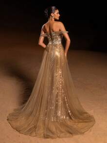 Shiny Patchwork Pattern Sequin Patchwork Zipper Mesh Patchwork Formal Evening Gown - Cà phê nâu - Xem 8