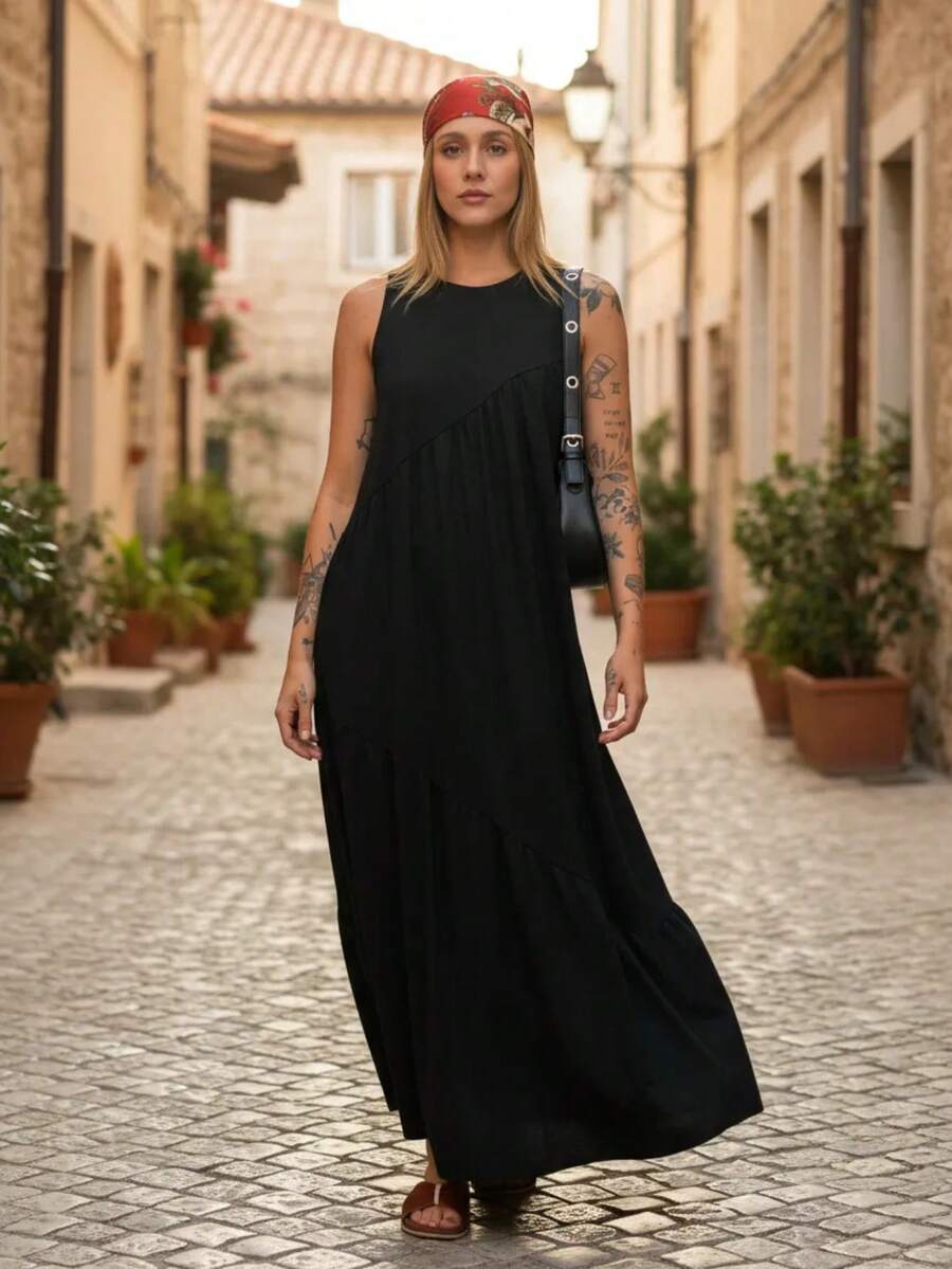 Women's Long Dress In Aveloz Cotton Knitwear - 黑色的 - 查看 1