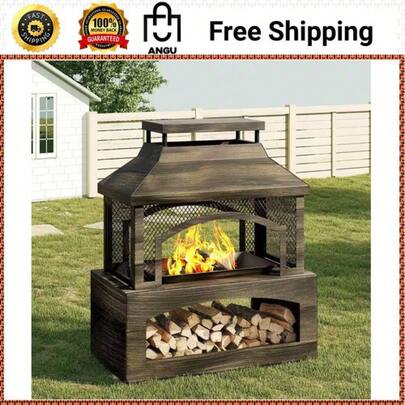 37 In.Steel Outdoor Wood Burning Fireplace With Wood Storage Rectangular Freest