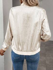 Keke Bloomly Women's New Lightweight Long Sleeve Zip-Up Casual Jacket, Shiny Metallic Fabric, Regular Fit, Fashion , Suitable For Commute, Vacation, Versatile, Cardigans - Khaki - View 3