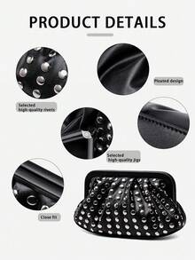 New Fashionable Versatile Features A Pleated Design With Retro Square Metal Trim. Simple Rivet Banquet Bag Niche Design High-End Retro Punk Style Popular Design Commuting Shopping Ladies Black, Cool Style Halloween Purse Perfect For Fancy Party Halloween Fashion & Music Festival Gothic Fashion - Black - View 6
