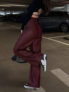 女士高腰亮面PU皮革阔腿裤，哑光涂层，时尚百搭，适合派对、通勤、音乐节、度假等场合，休闲直筒裤，春夏服装，畅销款，Y2K风格，适合派对、通勤、假日、节日、户外活动等场合，春夏穿着，适合高个女性，搭配单品，黑色，长裤