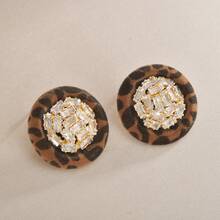 Vintage Leopard Print Inlaid Zirconia Coffee Color Round Stud Earrings, Fashionable Elegant Luxurious Earrings, Autumn/Winter