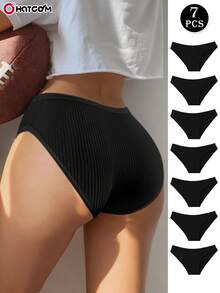 7pcs/Pack Women's Low Waist Black Cotton Ribbed Briefs, Comfortable, Minimalist, Soft & Skin-Friendly Underwear - Black - View 2