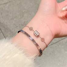 Rose Gold Roman Numeral Jewelry Set 3pcs - Cubic Zirconia Barrel Pendant Necklace & Bangle Bracelet Set For Women, Minimalist Luxury Party Gift - Roman Numerals - View 6