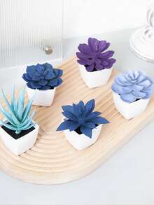 1 Set (5pcs) Artificial Mini Plant Pot Combination (Plastic Material), Home Decor For Living Room, Bedroom, Bathroom, Bookshelf, Cute Party Decoration, Gift - Blue - View 19