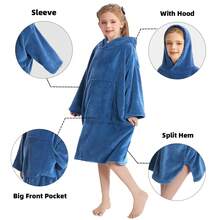 儿童浴巾换衣袍，柔软毛绒，可穿戴，保暖珊瑚绒连帽衫，带袖子和口袋，游泳冲浪斗篷，强力吸水，带帽沙滩巾，男女童适用