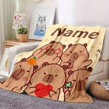 Cobertor de Flanela Personalizado de Capivara - Macio para Todas as Estações, Padrão Fofo de Capivara Marrom e Estrela Amarela, Lavável em Máquina, Presente para Amigos/Família, Decoração de Casa, Design Fofo de Animal, Têxtil Doméstico, Atmosfera Natalina em Casa, Respirável, Macio