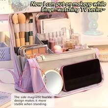 大容量立式化妆品收纳盒，磁扣闭合 - 结实耐用的布料材质，可收纳护肤品、洗漱用品 - 方便旅行和居家收纳，多隔层拉链设计 - 彩色 - 查看 4