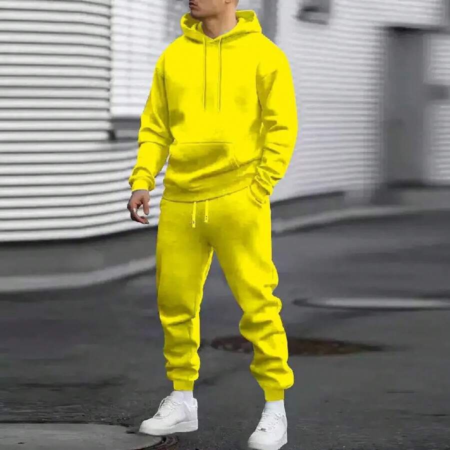 Men's Autumn Suit Casual Sports Solid Color Hoodie Men's Two-Piece Set Loose Sweatshirt Men's Clothing - 黃色 - 查看 1
