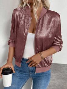 Keke Bloomly 女士新款轻薄长袖拉链休闲外套，闪亮金属面料，时尚百搭，适合工作、旅行和日常穿着。 - 淺灰紫 - 查看 5