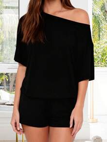 Women Summer Pajama Set Solid Color Off Shoulder Short Sleeve Tops And Mini Shorts 2 Piece Lounge Outfit - Black - View 3