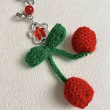 Winter Story New Handmade Knitted Cherry Beaded Five-Pointed Star Sweet Cherry Yarn Craft Phone Lanyard, Phone Charm, Earphone Charm, Bag Charm