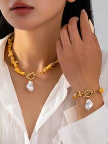 女士绿松石碎片和仿巴洛克珍珠首饰套装，包含 2 件简约合金时尚配饰，适合日常佩戴 - 项链和手链套装 - 黃色 - 查看 7