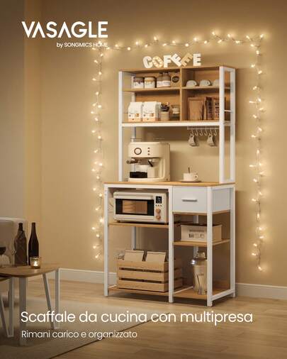 VASAGLE Scaffale Cucina con Multipresa, Mobile Cucina, 40 x 80 x 180,4 cm, Scaffale per Microonde, Ripiani Regolabili, Cassetto in Tessuto, 12 Ganci,Rovere Dorato e Bianco Nuvola