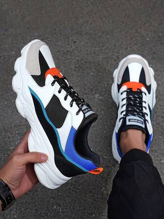 1 par nya runda tå låga tjocka sneakers, svarta tyg andningsbara herrskor, sommarfärgblock patchwork herrsneakers