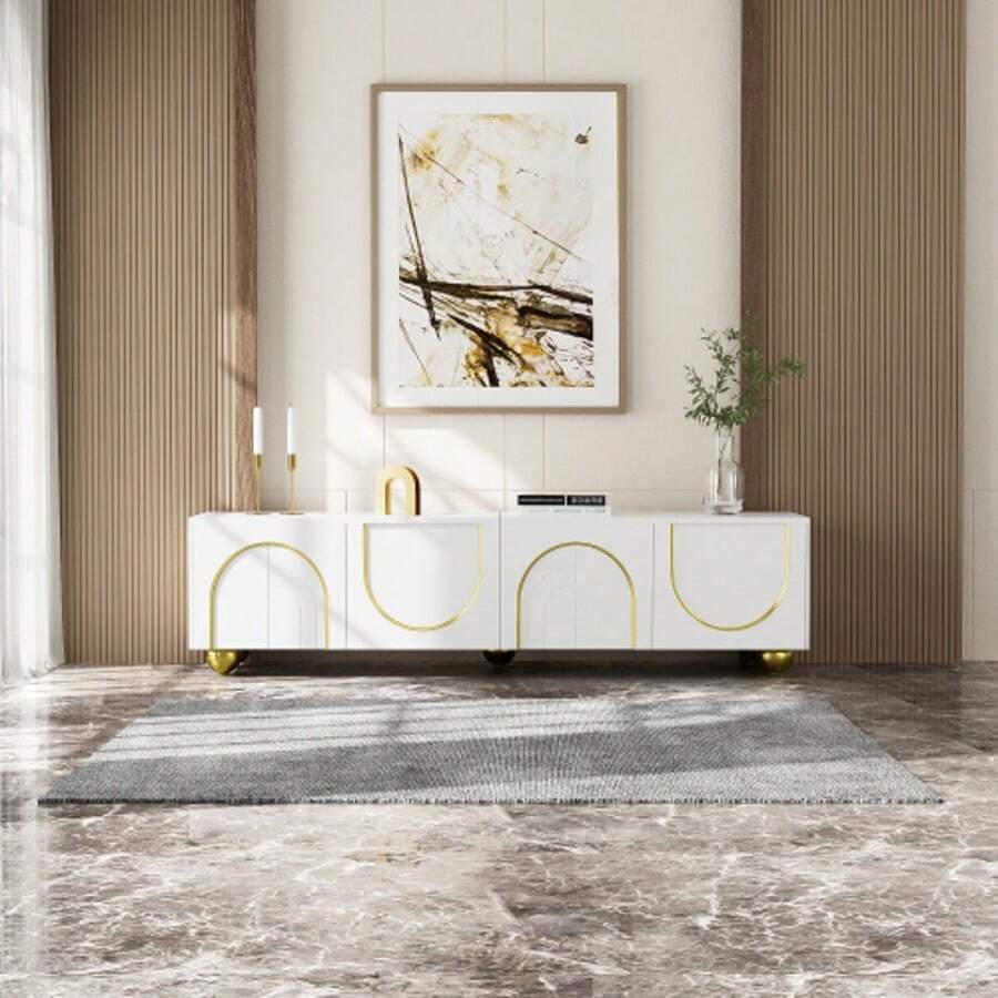 TV Cabinet, Lowboard With Structured Towers, TV Furniture With Drawers, Open Compartments, Gold Handles And Gold Feet - White - View 1