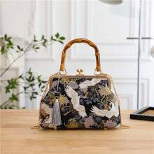 1pc Chinese Bamboo Handle Ladies Handbag, Handmade Embroidery Jacquard Crossbody With Top Handle Purse, Unique Literati Elegant Style Shoulder Bag, Valentine's Day, Mother's Day Gift - 黑色 - 查看 9