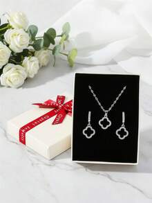 3pcs Flora Zirconia Earrings Necklace Set, Gold Jewelry Set Gift Box, Dangle Earrings, Necklace Set With Gift Box,Christmas Gift, Lover Gift, Gift For Mom, Christmas Gift Box